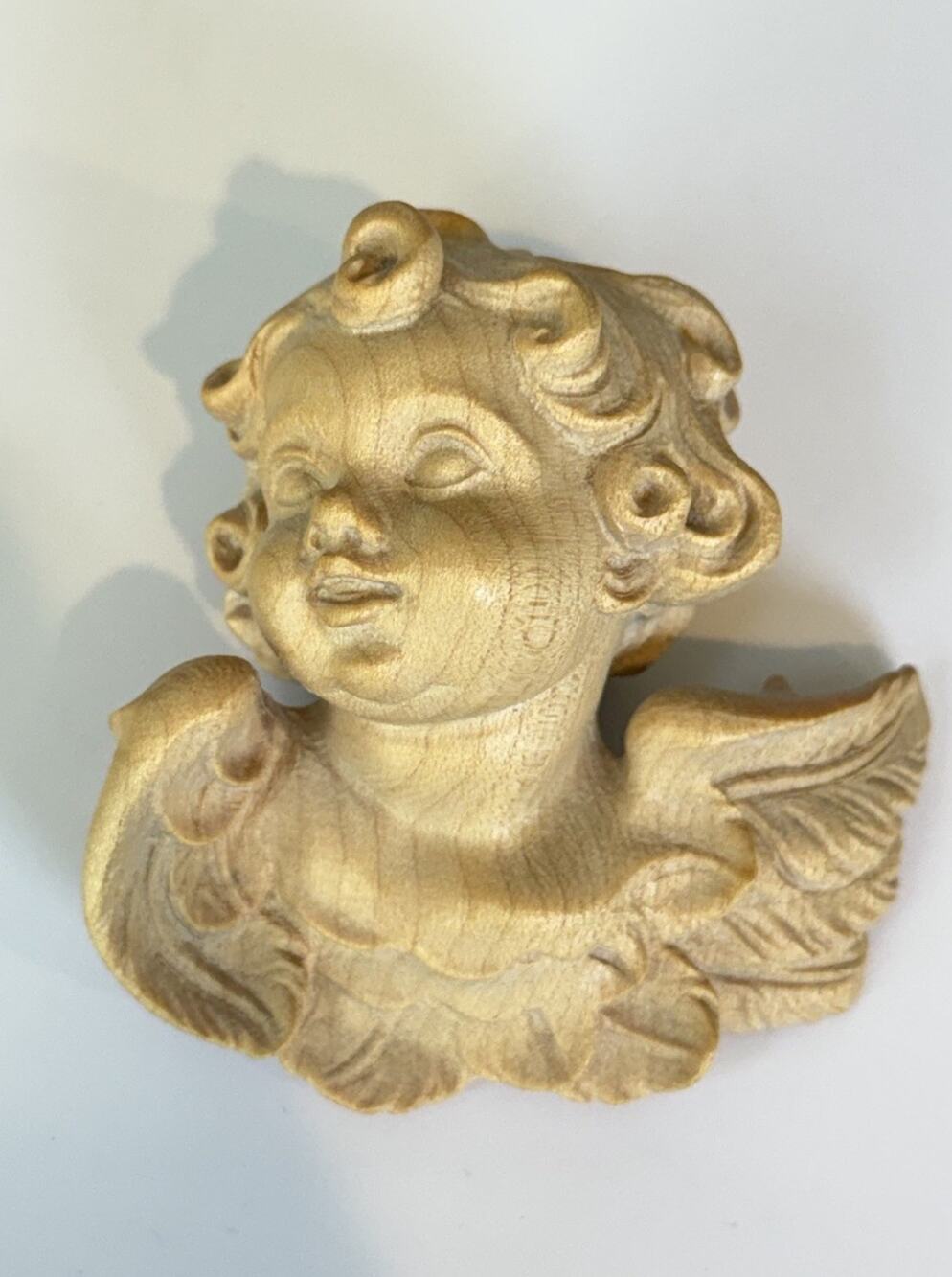 Vintage Carved Wood Cherub Angel Wall Hanging Putti Winged Face 3” Decor